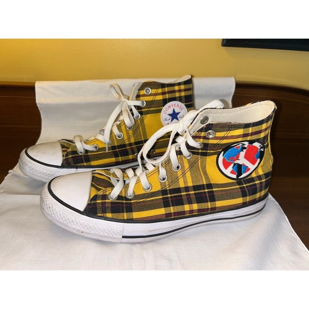 Converse Chuck Taylor All Star HighTop Yellow Plaid Peace Earth Patch Women 10.5